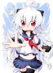  ahoge bag blush long_hair navel original red_eyes reku satchel school_uniform serafuku shiroko_(reku) skirt solo thighhighs wavy_mouth white_hair zettai_ryouiki 