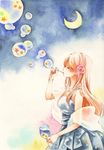  bubble bubble_blowing bubble_pipe cup dress drinking_glass flower hair_flower hair_ornament iinuma_chika jewelry necklace original pink_flower pink_rose rose shawl solo star traditional_media watercolor_(medium) wine_glass 