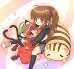  animal_ears brown_hair cat cat_ears cat_tail chen crossover heart heart_tail kotonoha_(pixiv) little_busters! long_hair multiple_girls multiple_tails natsume_rin ponytail red_eyes school_uniform tail touhou 