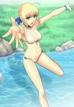  ahoge artoria_pendragon_(all) bad_id bad_pixiv_id bikini blonde_hair dan_(kumadan) fate/stay_night fate_(series) foreshortening front-tie_top green_eyes halter_top halterneck highres jumping legs navel outstretched_arms panties river saber side-tie_panties signature solo swimsuit underwear wading water 