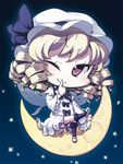  bad_id bad_pixiv_id blonde_hair bow chibi crescent_moon drill_hair fairy_wings finger_to_mouth hat hat_ribbon kabayaki_unagi looking_at_viewer luna_child mob_cap moon one_eye_closed red_eyes ribbon solo star touhou wings 
