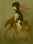  alien alien_(movie) artist_request asymmetrical_wings black_hair brown_eyes claws crossover dress happy highres houjuu_nue open_mouth riding solo tail touhou wings xenomorph 
