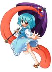  bad_id bad_pixiv_id blue_eyes blue_hair heterochromia karakasa_obake purple_umbrella red_eyes shinjitsu short_hair simple_background solo tatara_kogasa tongue touhou umbrella 