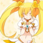  ^_^ blonde_hair bow choker cielo_oceano closed_eyes cure_sunshine eyelashes hair_ribbon hands_on_own_face happy heart heartcatch_precure! long_hair magical_girl midriff myoudouin_itsuki navel orange_bow orange_choker precure ribbon skirt smile solo twintails wrist_cuffs yellow yellow_background yellow_bow yellow_skirt 