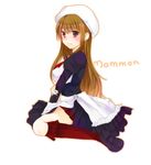  apron breasts brown_hair dress frills hat highres kneeling large_breasts long_hair mammon manon na_(pixiv87988) pleated_skirt red_eyes skirt solo stakes_of_purgatory umineko_no_naku_koro_ni 