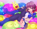  arle_nadja black_legwear blue_skirt brown_eyes brown_hair carbuncle_(puyopuyo) half_updo kasai_shin madou_monogatari puyo_(puyopuyo) puyopuyo short_hair skirt solo thighhighs 