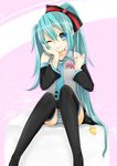  aqua_eyes aqua_hair bad_id bad_pixiv_id detached_sleeves fork hair_ribbon hatsune_miku highres long_hair necktie one_eye_closed panties pantyshot pantyshot_(sitting) ribbon sitting skirt smile solo striped striped_panties thighhighs underwear very_long_hair vocaloid znrdnp 