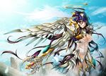  armor boots breasts cleavage corset halo head_wings large_breasts long_hair milk_(niunai_jai) personification purple_hair rahxephon rahxephon_(mecha) solo staff thigh_boots thighhighs yellow_eyes 
