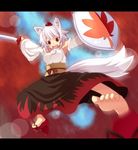  animal_ears armpits barefoot blurry depth_of_field detached_sleeves geta hat inubashiri_momiji letterboxed motion_blur red_eyes saemon_(tonpura) sandals shield short_hair silver_hair solo sword tengu-geta tokin_hat touhou weapon wolf_ears 