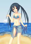  beach bikini black_hair blue_bikini blue_sarong bow_bikini brown_eyes cloud highres k-on! long_hair nakano_azusa ponishi. sarong sarong_lift sky solo swimsuit translucent_sarong twintails water 