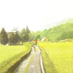  canal field gemi grass hill original path rain road scenery solo tree umbrella water 