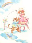  cat child fish fishing iinuma_chika original puddle rainbow raincoat traditional_media watercolor_(medium) 