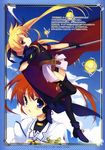  absurdres bardiche belt blonde_hair blue_eyes brown_hair cape fate_testarossa gloves highres long_hair lyrical_nanoha mahou_shoujo_lyrical_nanoha mahou_shoujo_lyrical_nanoha_the_movie_1st multiple_girls naruse_hirofumi open_mouth raising_heart red_eyes skirt sky takamachi_nanoha thighhighs twintails 