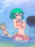  antennae ball bikini bracelet breasts cleavage day face fang green_hair jewelry kazami_yuuka medium_breasts multiple_girls o_o red_eyes short_hair sky small_breasts striped striped_swimsuit swimsuit touhou wading water wriggle_nightbug yst 