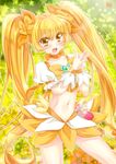  blonde_hair bow choker cure_sunshine flower hair_ribbon heart heartcatch_precure! long_hair magical_girl midriff myoudouin_itsuki navel orange_bow orange_choker pengin_guriko precure ribbon skirt solo star starry_background twintails wrist_cuffs yellow yellow_background yellow_bow yellow_eyes yellow_skirt 