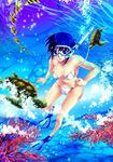  bad_id bad_pixiv_id bikini blue_eyes blue_hair coral diving_mask diving_mask_on_eyes fish flippers freediving legs original sawaki short_hair snorkel solo swimsuit turtle underwater wardrobe_malfunction water 