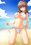  bad_id bad_pixiv_id beach bikini bikini_in_mouth bikini_lift blue_eyes breasts brown_hair cameltoe cloud day dead_or_alive hairband highres hitomi_(doa) kneeling large_breasts lifted_by_self mouth_hold outdoors side-tie_bikini solo swimsuit tachibana_omina untied untying water 