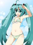  bikini green_eyes green_hair hatsune_miku headphones headset highres long_hair microphone project_diva project_diva_(series) salute shirogane_(platinum) solo striped striped_bikini swimsuit swimwear_(module) twintails vocaloid 