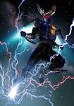  electricity flying_kick highres horns kamen_rider kamen_rider_gatack kamen_rider_kabuto_(series) kicking male_focus rider_kick solo suzume_inui 