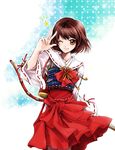  bob_cut bow bow_(weapon) brown_eyes brown_hair japanese_clothes kaze_tsuyu_tsuchi_ryuu one_eye_closed sash sengoku_basara short_hair smile solo tsuruhime v weapon 