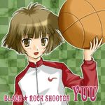  bad_id bad_pixiv_id bangs basketball black_rock_shooter blunt_bangs bob_cut brown_eyes brown_hair checkered koutari_yuu nike raglan_sleeves shigunyu short_hair smile solo 