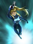  5-dimensional_skaters bad_id bad_pixiv_id bangs blonde_hair blue_eyes bodysuit from_above gun metroid ponytail samus_aran skin_tight solo weapon zero_suit 