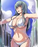  bikini breasts cleavage front-tie_top large_breasts navel older red_eyes rozen_maiden silver_hair solo string_bikini suigintou swimsuit tsuda_nanafushi underboob water waterfall 