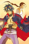  2boys blue_hair brown_hair choker corset crossed_arms drill goggles jacket multiple_boys older ponytail rossiu simon tengen_toppa_gurren_lagann trench_coat 