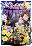  1girl beatrice bird board_game bug butterfly chess dress flower formal gun highres insect jewelry long_hair red_hair ring suit teapot umineko_no_naku_koro_ni ushiromiya_battler weapon youshuu 