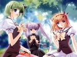  blue_eyes bow fuyou_kaede green_hair multiple_girls nishimata_aoi non-web_source obentou official_art orange_hair picnic pointy_ears primula purple_eyes purple_hair school_uniform shigure_asa shuffle! suzuhira_hiro twintails yellow_bow 