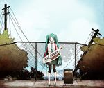  amplifier aqua_hair arisaka_ako bad_id bad_pixiv_id bracelet cable chain-link_fence cloud day expressionless fence hatsune_miku highres instrument jewelry keyboard_(instrument) keytar long_hair looking_at_viewer necktie ocean pigeon-toed power_lines ruins shadow shoes skirt sky solo standing telephone_pole twintails very_long_hair vocaloid 