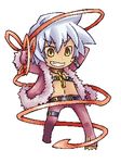  belt dark_hunter fur_trim grin lowres midriff navel pote_(ptkan) sekaiju_no_meikyuu silver_hair simple_background smile solo sweatdrop white_background yellow_eyes 