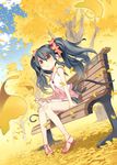  autumn bench black_hair blue_hair book ginkgo hair_ornament haruse_hiroki high_heels leaf legs long_hair orange_eyes original sandals shoes sitting solo tree twintails wind 