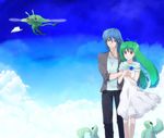  1girl ahoge ai-kun air0w0 alien bad_id bad_pixiv_id blue_hair bug cloud couple day dress flower good_end green_hair hand_on_hip hetero holding_hands jpeg_artifacts long_hair macross macross_frontier paper_airplane ranka_lee red_eyes saotome_alto sky vajra white_dress 