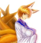  animal_ears bad_id bad_pixiv_id blonde_hair breasts error fox_ears fox_tail hands_in_opposite_sleeves impossible_clothes impossible_shirt large_breasts multiple_tails no_hat no_headwear shirt short_hair solo tail task_(artist) touhou yakumo_ran yellow_eyes 
