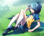  blue_hair cota grass hair_over_one_eye inazuma_eleven inazuma_eleven_(series) kazemaru_ichirouta long_hair lowres male_focus otoko_no_ko ponytail sitting solo 