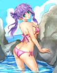  ass bikini butt_crack green_eyes long_hair looking_back original purple_hair rock solo suoni_(deeperocean) swimsuit twintails wading 