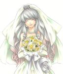  arikawa_kinu bridal_veil bride crossdressing dress elbow_gloves flower gloves grey_hair long_hair male_focus narukami_yuu otoko_no_ko persona persona_4 solo veil wedding_dress 