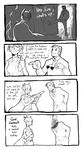  1girl 4koma batman batman_(cosplay) batman_(series) comic cosplay dc_comics english greyscale gun monochrome shroedinger umineko_no_naku_koro_ni unitard ushiromiya_eva ushiromiya_rudolf weapon 