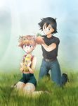  1girl :o agpro bad_id bad_pixiv_id blue_eyes blush couple flower head_wreath hetero kasumi_(pokemon) kneeling no_hat no_headwear orange_hair pokemon pokemon_(anime) putting_on_headwear satoshi_(pokemon) short_hair shorts side_ponytail suspenders 