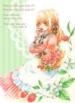  apron bangs basket blunt_bangs doily eating english flower food fruit iinuma_chika original solo strawberry strawberry_blossoms traditional_media watercolor_(medium) 