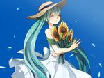  aqua_hair blue_background closed_eyes dress flower happy_birthday hat hatsune_miku long_hair smile solo straw_hat sunflower tama_(songe) twintails very_long_hair vocaloid white_dress 
