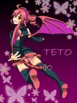  ahoge bad_id bad_pixiv_id bat_wings character_name detached_sleeves drill_hair headphones headset kasane_teto legs looking_back panties purple_background red_eyes red_hair ru_(xremotex) skirt smile solo striped striped_panties thighhighs twin_drills twintails underwear utau wings 