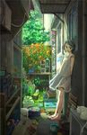  blue_eyes book bottle brown_hair cat com_kom dress flower hair_ornament hairclip holding indoors leaning leaning_back original plant potted_plant ramune sandals short_hair solo standing 