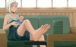  bare_shoulders barefoot book couch dark_skin drawfag feet freckles highres lal'c_mellk_mal non-web_source pov_feet short_hair soles spread_toes toes top_wo_nerae_2! wallpaper white_hair yellow_eyes 