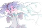  aqua_eyes aqua_hair detached_sleeves ekra hatsune_miku headphones long_hair necktie smile solo twintails very_long_hair vocaloid 