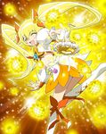  blonde_hair blush boots bow cure_sunshine hair_ribbon heartcatch_precure! highres instrument knee_boots long_hair magical_girl midriff myoudouin_itsuki one_eye_closed open_mouth orange_bow precure ribbon shiny_tambourine skirt solo tambourine twintails v-mag wrist_cuffs yellow yellow_background yellow_bow yellow_eyes 
