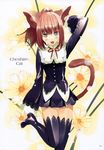  absurdres alice_in_wonderland animal_ears boots cat_ears cheshire_cat fang flower highres long_sleeves open_mouth ponytail red_hair skirt solo thigh_boots thighhighs ueda_ryou 