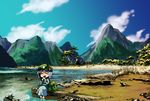  blue_hair closed_eyes cloud cucumber day eating hat jiageya_(atojian_keikaku) kawashiro_nitori mountain river riverbank scenery short_hair sitting sky soaking_feet solo touhou tree twintails two_side_up water 