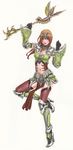  absurdres armor blush breasts brown_hair cleavage copyright_request gloves green_eyes hair_ornament high_heels highres lips lipstick makeup medium_breasts navel shoes solo thighhighs weapon yamashita_shun'ya 